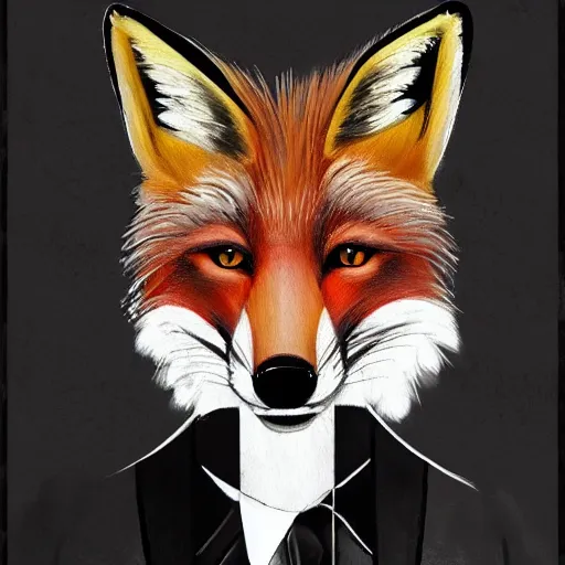 Prompt: a very beautiful aesthetic all painting of a fox in a black suit, who is looking like james bond, high quality, 4 k, trending on artstation