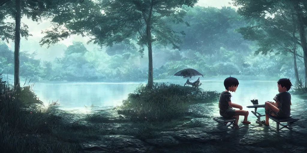 Image similar to a silver dragon and a boy sitting next to lake in forest, many fireflys, at night, concept art, dof, cryengine, digital art, detailed background, makoto shinkai