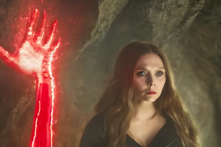 Image similar to movie still of elizabeth olsen as the scarlet witch, facing away from the camera, standing in the middle of a dark cave, holding red magic from her hands, illuminating the area, golden ratio!!!!!, centered, trending on artstation, 8 k quality, cgsociety contest winner, artstation hd, artstation hq, luminous lighting