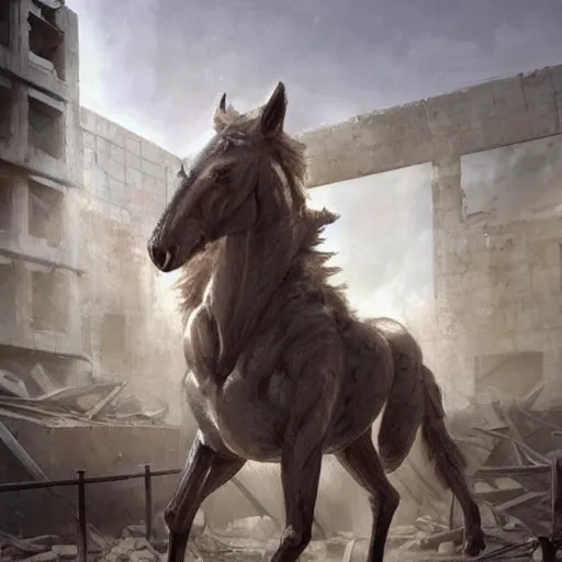 Image similar to a hyper - muscular anthropomorphized male horse with a magnificently muscular physique wearing tactical gear standing in the ruins of a facility, furry art, furaffinity, highly detailed, digital painting, artstation, concept art, magic the gathering, illustration by artgerm, greg rutkowski