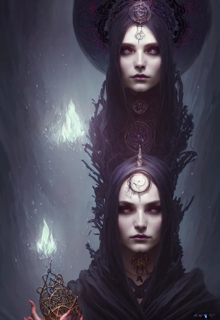 Image similar to Necromancer Sorceress, filled background around face, fantasy magic, undercut hairstyle, dark light night, intricate, elegant, sharp focus, illustration, highly detailed, digital painting, concept art, matte, art by WLOP and Artgerm and Greg Rutkowski and Alphonse Mucha, masterpiece