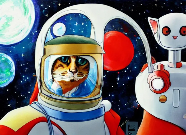 Image similar to painting of a cat dressed as an astronaut, stuido ghibli, gurren lagann