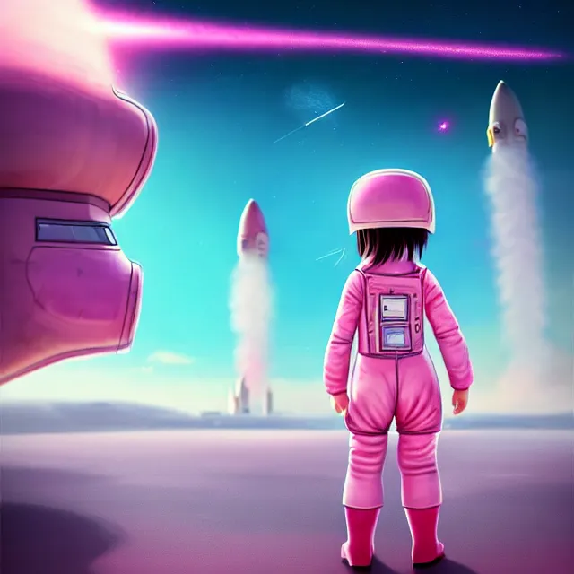 Prompt: epic professional digital art of a little girl in a pink spacesuit watching giant rockets take off in the distance seen from behind, best on artstation, cgsociety, wlop, Behance, pixiv, astonishing, impressive, outstanding, epic, cinematic, stunning, gorgeous, breathtaking science fiction art, masterpiece.