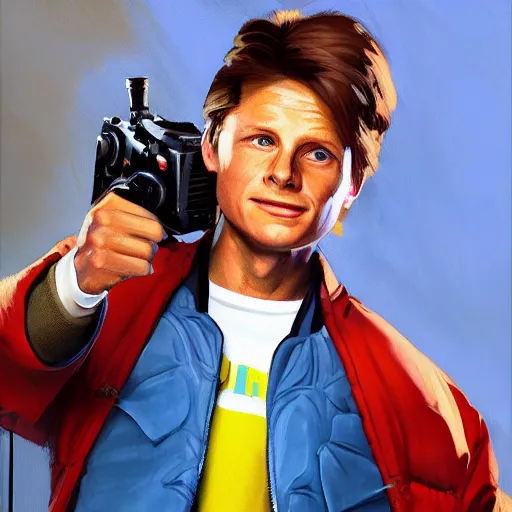 Image similar to greg manchess portrait painting of marty mcfly from back to the future as overwatch character, medium shot, asymmetrical, profile picture, organic painting, sunny day, matte painting, bold shapes, hard edges, street art, trending on artstation, by huang guangjian, gil elvgren, ruan jia, randy vargas, greg rutkowski