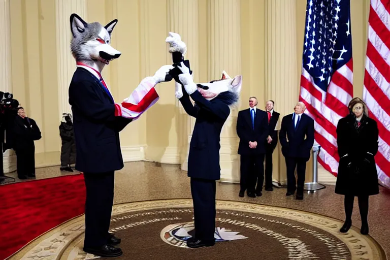 Image similar to photo of the usa presidential inauguration, a wolf fursuiter being inaugurated as president