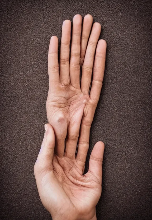 Image similar to an instagram photo of one ultra detailed woman's palm with 5 fingers lying on the table, instagram photo, studio photo