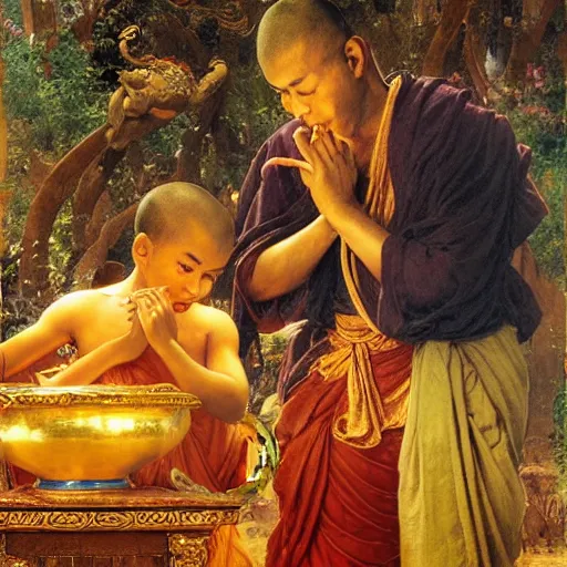 Image similar to old srilankan buddhist monk pouring liquid gold into buddhist monk kid head baroque style, painting by gaston bussiere, craig mullins, j. c. leyendecker, lights, art by ernst haeckel, john william godward, hammershøi,