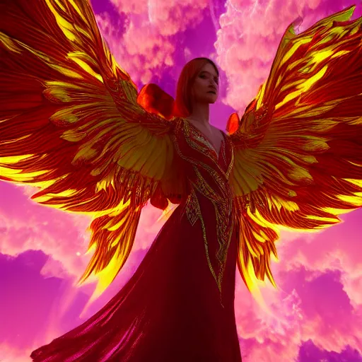 Prompt: a beautiful orchid phoenix angel woman, in an ornamented dress with large wings, photorealism, octane, unreal engine, volumetric light, god rays, 8 k high resolution, rubies