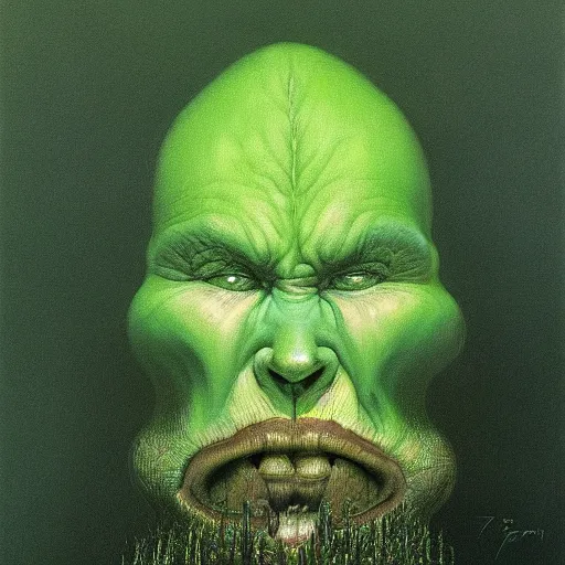 Prompt: Angry Cheesehead portrait, dark fantasy, green, artstation, painted by Zdzisław Beksiński and Wayne Barlowe