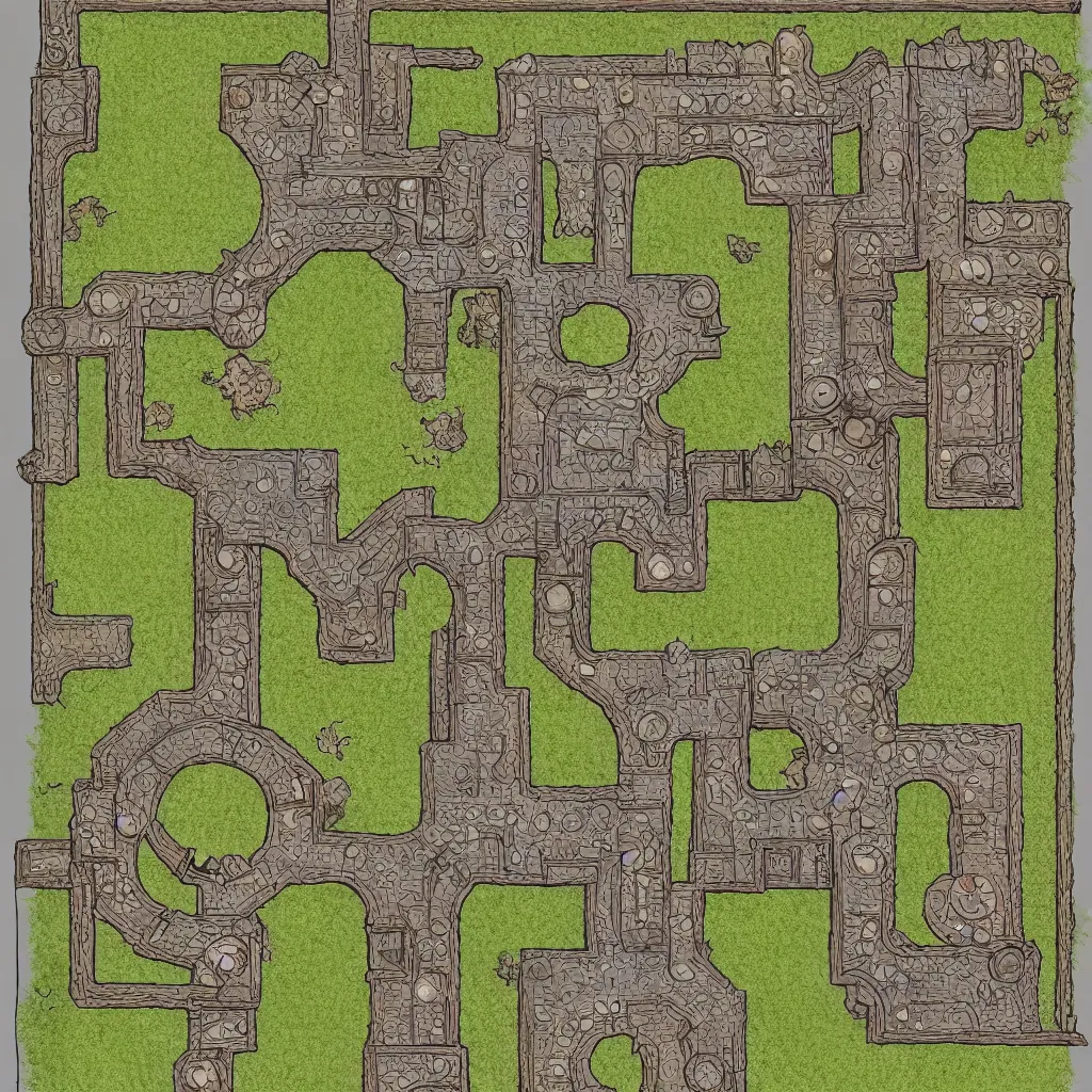 Image similar to tabletop rpg battlemap, castle floorplan, top down grid, high detail, architectural, full color, flat light, spiral stairs, gate, narrow windows