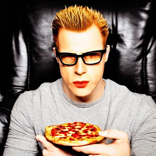 Image similar to Albert Wesker eating pizza on the couch, relaxed, photograph