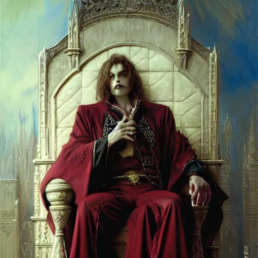 Image similar to perfectly centered portrait of attractive vampire king in a robe sitting on a throne of bones, highly detailed painting by gaston bussiere, craig mullins, j. c. leyendecker, 8 k