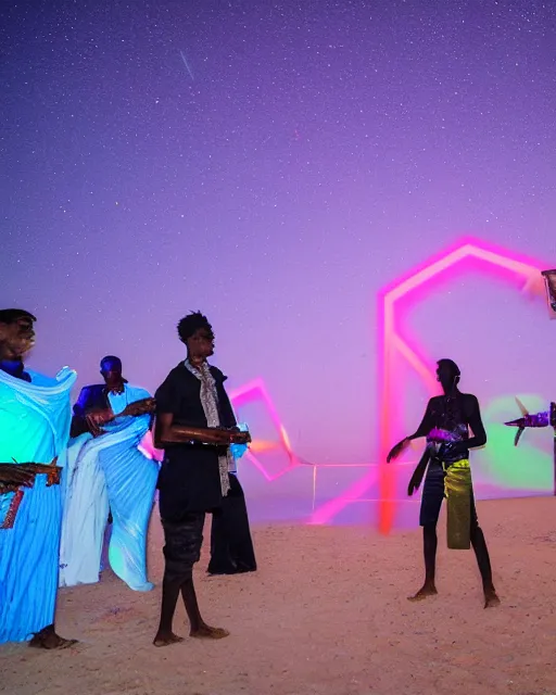 Image similar to Sahel Tuareg musicians dance party opens a fourth dimensional geometric laser neon portal to the north pole, aurora borealis emanates with opalescent light, surrealism, neo-romanticism, rule of thirds