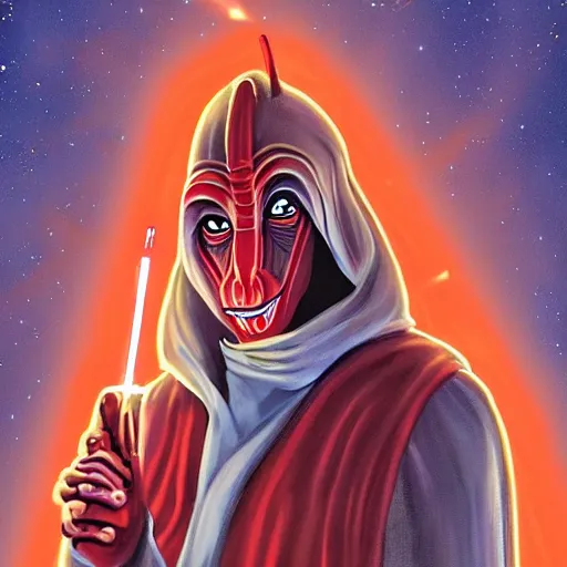 Prompt: Jar Jar Binks is flying and shooting red lasers out of his hands by Jullie Bell