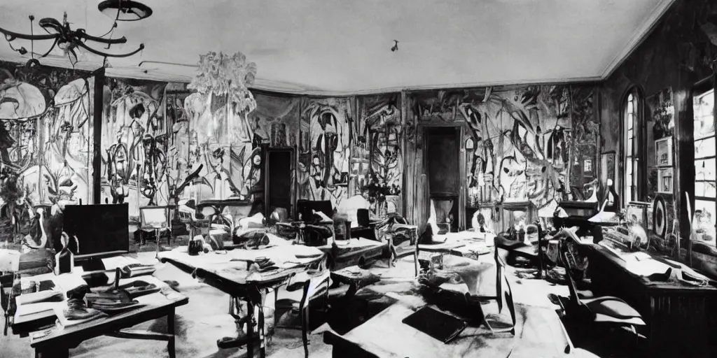 Prompt: a writer's room, lots of screens and cinema, super cinematic, detailed, wonderful creative, by charles addams and hilma af klint and affandi