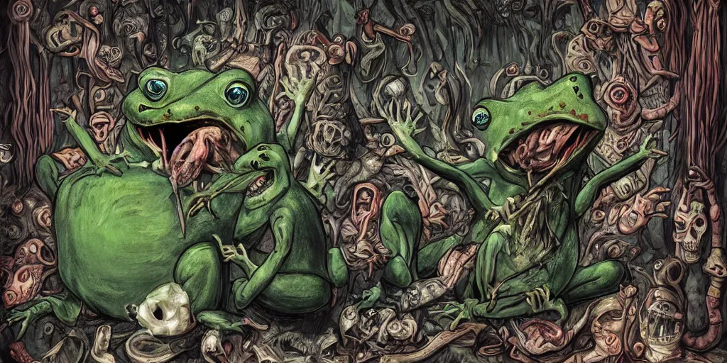 Image similar to a dark ritual performed by evil frogs from alice in wonderland, hyper - detailed, expression, energetic, horror, creepy, scary, digital art