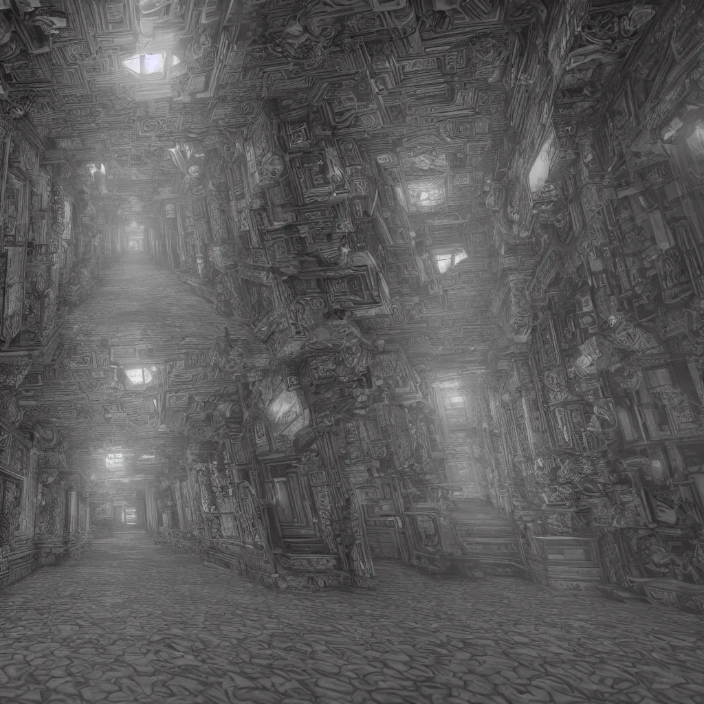 Image similar to a hyper surface hallway with mc escher style, highly detailed, 4 k, unreal engine, volumetric lightning, mist, golden goddess athena