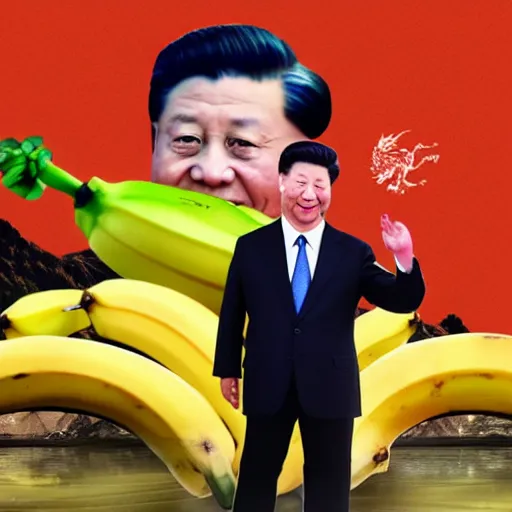 Prompt: Chinese president with bananas weapon, dragon, mountains background, fighting stance