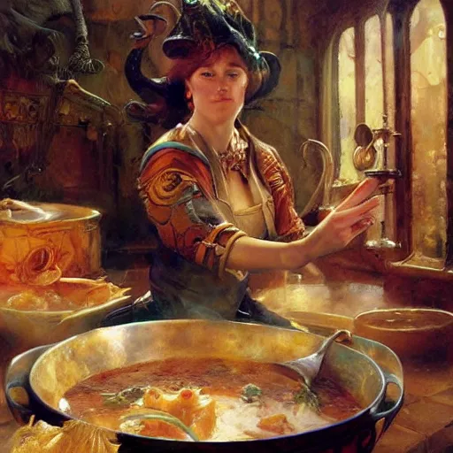 Prompt: stunning female master wizard cooking magical soup with a huge pot, highly detailed painting by gaston bussiere, craig mullins, j. c. leyendecker, 8 k