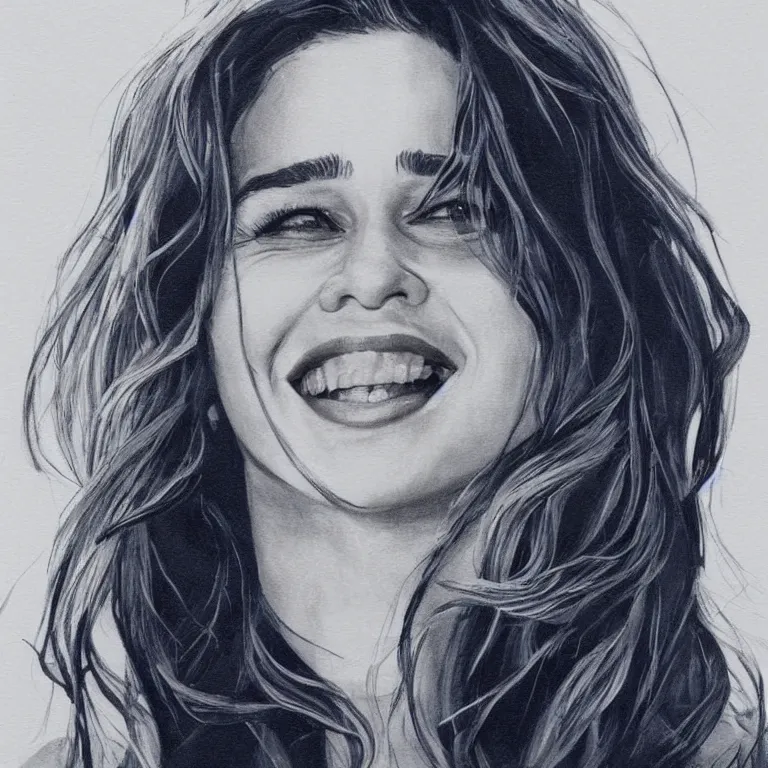 Image similar to an amaze - art painting of emilia clarke using single line, realism, smiling face