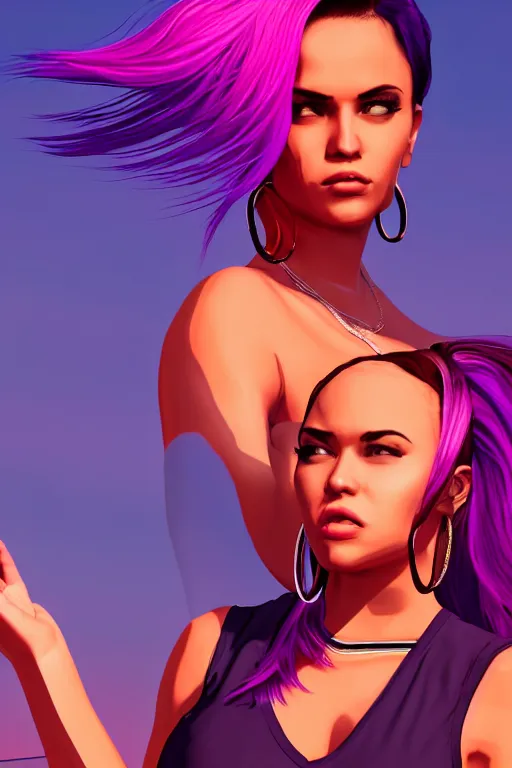 Image similar to a stunning GTA V loading screen with a beautiful woman with ombre purple pink hairstyle, hair blowing in the wind, hoop earrings, sunset mood, outrun, vaporware, retro, digital art, trending on artstation