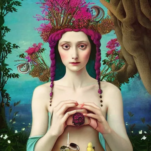 Image similar to a detailed portrait of young woman in renaissance dress and a surreal renaissance headdress, very surreal garden, cyberpunk, surreal tea party, strange creatures, by christian schloe and botticelli, naotto hattori, amy sol, roger dean, moody colors