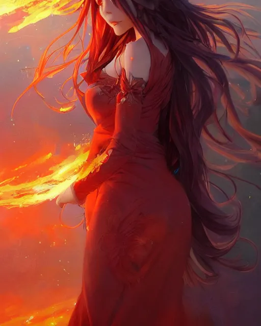 Prompt: beautiful long haired anime girl, fire dress, full body photo, flames everywhere, highly detailed, digital painting, artstation, concept art, smooth, sharp focus, illustration, art by artgerm and greg rutkowski and alphonse mucha