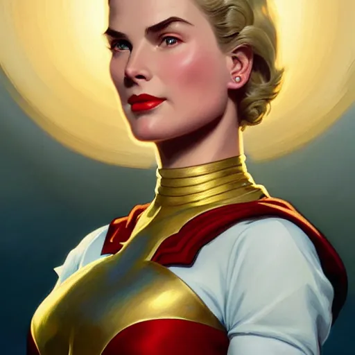 Image similar to Grace Kelly as Power Girl, western, D&D, fantasy, intricate, elegant, highly detailed, digital painting, artstation, concept art, matte, sharp focus, illustration, art by Artgerm and Greg Rutkowski and Alphonse Mucha