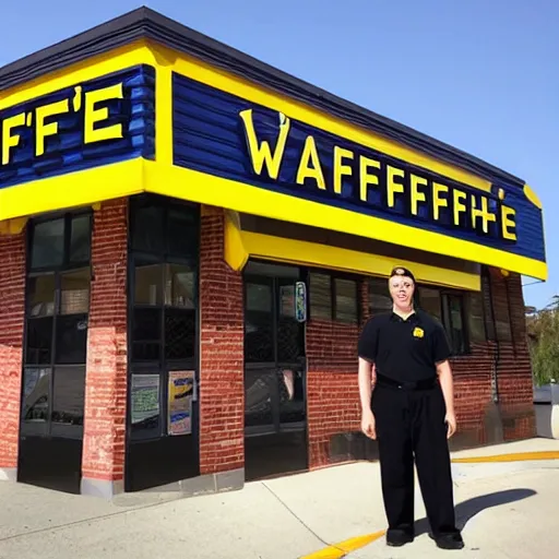 Image similar to wafflehouse employee's standing below wafflehouse sign, employees uniform is blue and black with yellow name tags