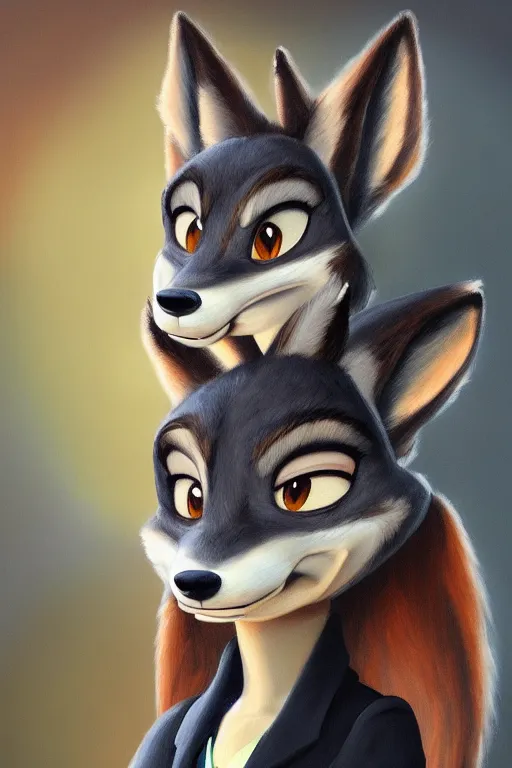 Image similar to oil painting of anthromorphic female wolf, in style of zootopia, female fursona, furry, furaffinity, 4 k, deviantart, furry art, fursona art, wearing black business suit, business suit, wolf fursona, female, very expressive detailed feminine face,