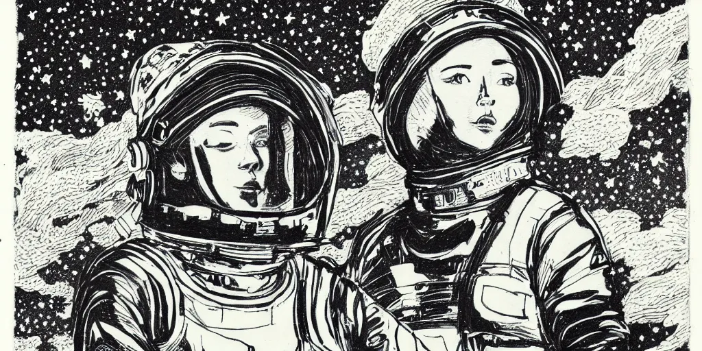 Image similar to etching portrait of a woman wearing a space helmet, manga art, chinese brush, scifi, big clouds visible in the background, stars in the sky, high contrast, deep black tones