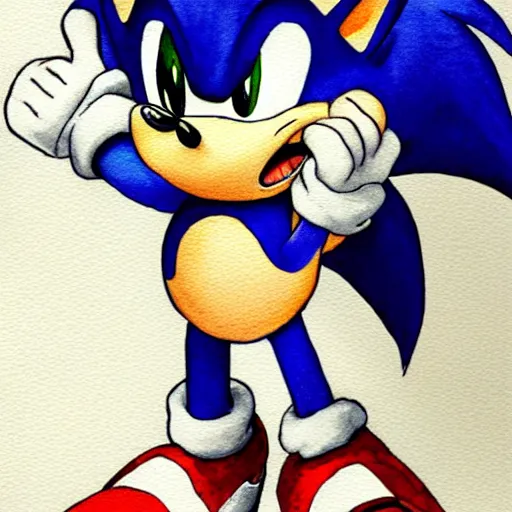 Prompt: a watercolor sonic the hedgehog, loose watercolor drawing