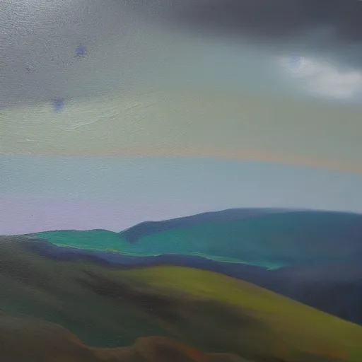 Prompt: look out across the windswept hills, with rainbow hues, with misty blues, across the valleys, lakes and rills, where landscapes fuse, where eyes peruse. oil on canvas