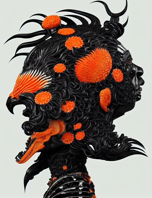 Image similar to 3 d goddess close - up profile portrait biomechanics with ram skull. beautiful intricately detailed japanese crow kitsune mask and clasical japanese kimono. betta fish, jellyfish phoenix, bio luminescent, plasma, ice, water, wind, creature, artwork by tooth wu and wlop and beeple and greg rutkowski. gold black teal and orange color scheme