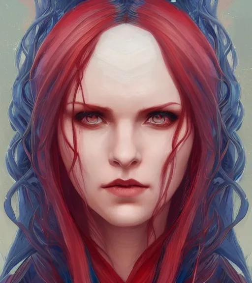 Image similar to A detailed matte head on symmetrical fanart portrait of a distinguished elven woman with red and blue hair by Charlie bowater and lise deharme wlop, critical role