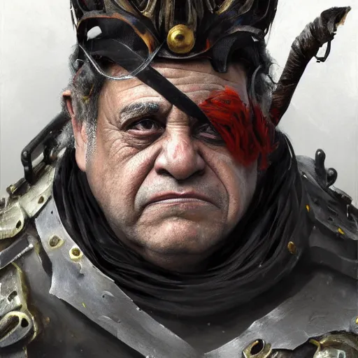 Image similar to a professionally painted portrait of Danny Devito, clothed in ancient battle armor, wrinkled skin, curly black hair, scar across face, intricate, elegant, digital painting, trending on Artstation, concept art, smooth, sharp focus, illustration, from Metal Gear by Ruan Jia and Mandy Jurgens and Artgerm and and william-adolphe bouguerea, award winning