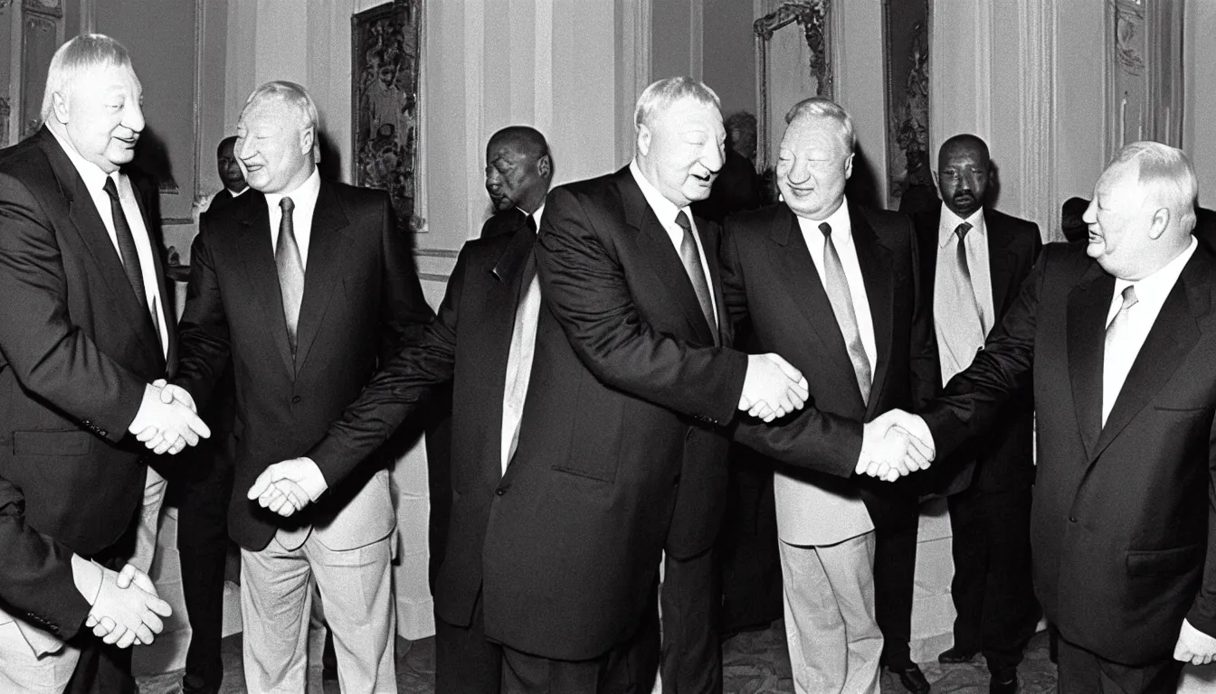 Prompt: 2 pac shaking hands with boris yeltsin, soviet union, moscow, kremlin, 1 9 9 0, very detailed, realistic, professional award wining photography, 8 k