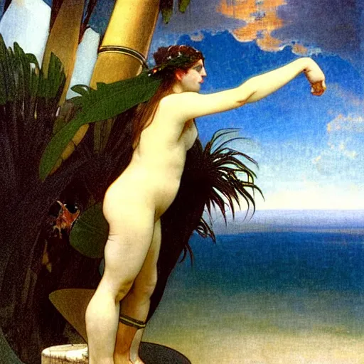 Image similar to Demon girl at the giant column, thunderstorm, greek pool, beach and palm trees on the background major arcana sky, by paul delaroche, alphonse mucha and arnold böcklin arnold böcklin hyperrealistic 8k, very detailed