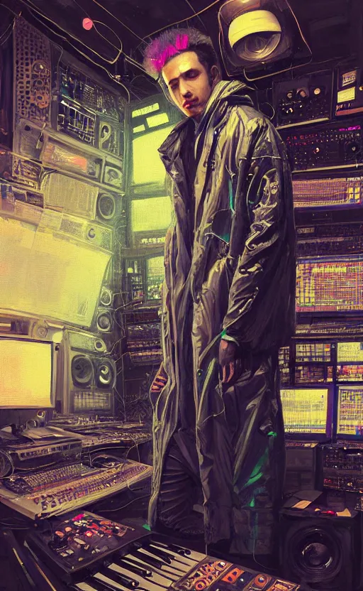 Image similar to detailed portrait of a music producer in his studio lab, neon operator, cyberpunk futuristic neon, reflective puffy coat, decorated with traditional japanese ornaments by ismail inceoglu dragan bibin hans thoma greg rutkowski alexandros pyromallis nekro rene maritte illustrated, perfect face, fine details, realistic shaded, fine - face, pretty face