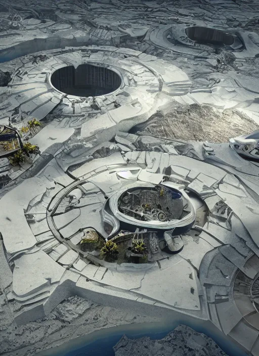 Image similar to bioremediation white mining tailing futuristic horizontal architecture in chuquicamata, epic, cinematic, hyperealistic, high detailed, corona render, hdr, ray tracing