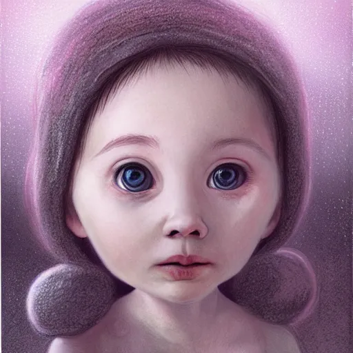 Prompt: happy and cute face of baby sey made by nebula space, face only, model shot, big eyes, pencil drawing, pastel, smooth, soft lights, prism, snow fog, alps mountains, magic by marc simonetti