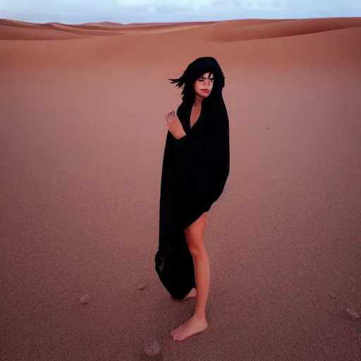 Image similar to beautiful demon woman wearing only a black blanket in a desert