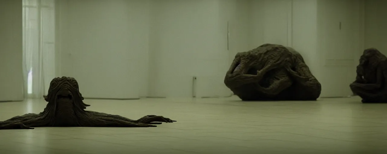 Image similar to a strange creature sits in the home room, film still from the movie directed by Denis Villeneuve with art direction by Zdzisław Beksiński, close up, telephoto lens, shallow depth of field