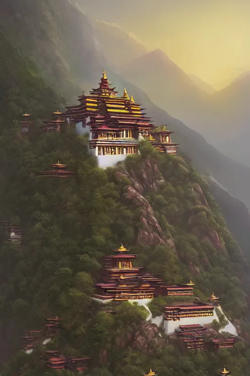 Image similar to Shangri-la at dawn, a Tibetan monastery at the edge of the cliff, powerfull, intricate, elegant, volumetric lighting, digital painting, highly detailed, artstation, sharp focus, illustration, concept art, ruan jia, steve mccurry