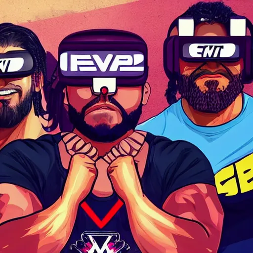 Prompt: wwe wrestler characters wearing vr goggles, gta cover, apex legends trending on artstation, digital illustration