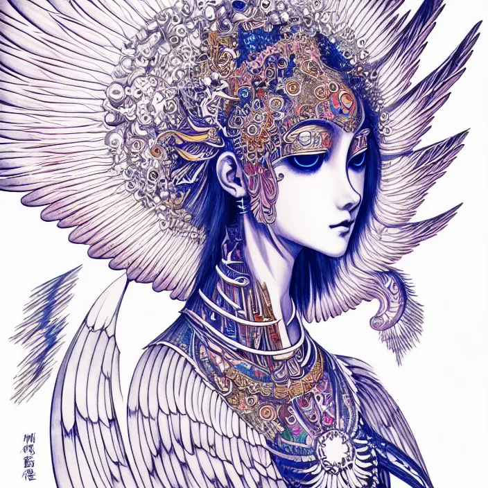 Image similar to stylized art of an psychedelic angelic celestial being by jung gi kim, trending on pixiv, anime style, winged head, white gold skin, ayahuasca, sacred geometry, esoteric art, watercolor