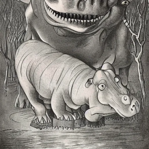 Prompt: creepy crystal hippopotamus by antonio berni