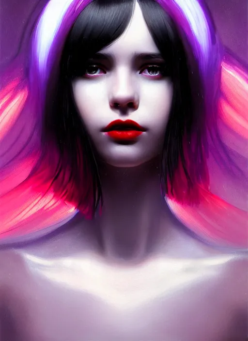 Image similar to portrait of teenage girl, red irises, red eyes, black hair, white bangs, purple lipstick, white bangs, bangs, black hair and white bangs, intricate, elegant, glowing lights, highly detailed, digital painting, artstation, concept art, smooth, sharp focus, illustration, art by wlop, mars ravelo and greg rutkowski