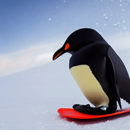 Image similar to ultrawide angle photograph of a snowboarding penguin wearing a helmet and snow goggles. the snowboard is made by burton. extremely detailed hyperrealistic photo, 8 k