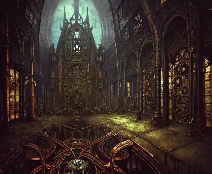 Image similar to steam necropolis, memento mori, gothic, neo - gothic, art nouveau, hyperdetailed copper patina medieval icon, stefan morrell, philippe druillet, ralph mcquarrie, concept art, steampunk, unreal engine, detailed intricate environment, octane render, moody atmospherics, volumetric lighting, ultrasharp, ominous, otherworldly